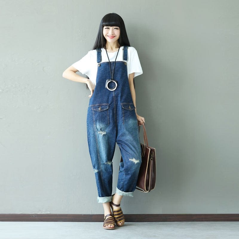 cambioprcaribe Blue / One Size Ripped Baggy Denim Overall
