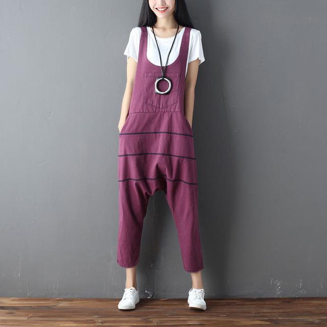 cambioprcaribe Burgundy / One Size Low Crotch Loose Denim Overall