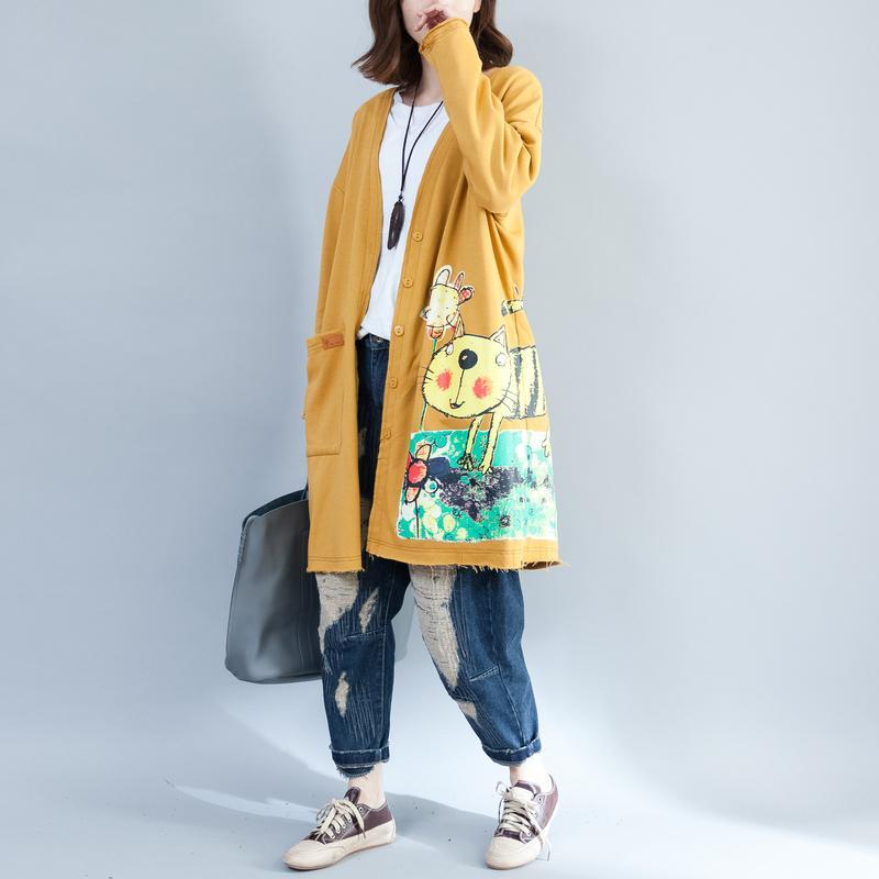 cambioprcaribe Cardigans Yellow / One Size Cat Lady Button Up Long Cardigan