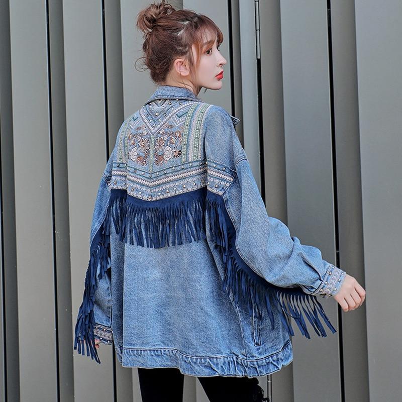 cambioprcaribe Jackets Floral Embroidered Fringed Denim Jacket