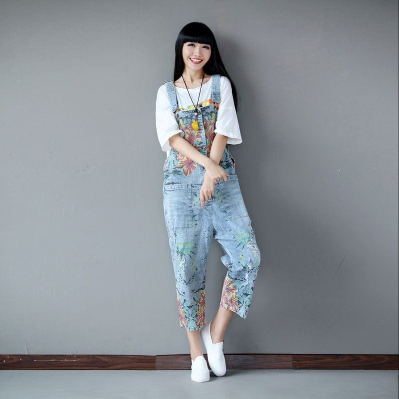 Loose Floral Denim Overall