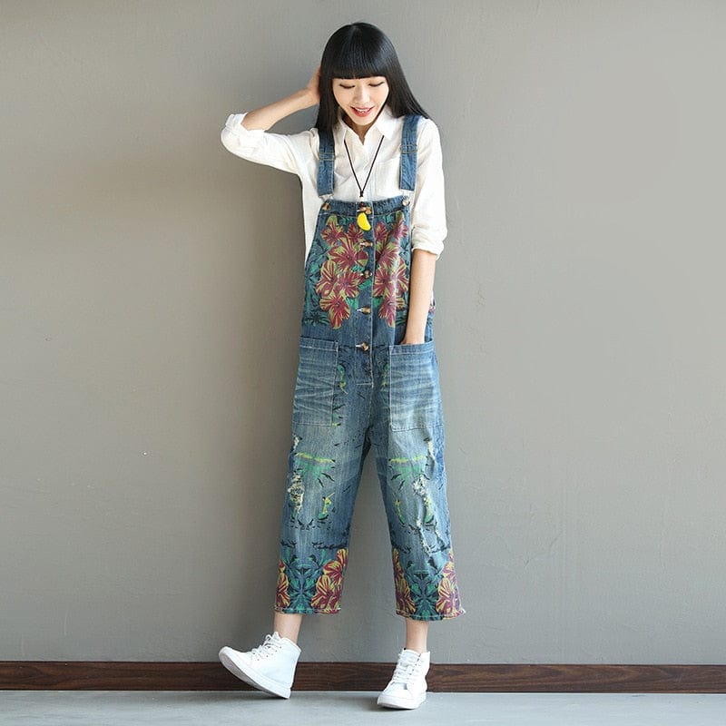 cambioprcaribe Loose Floral Denim Overall