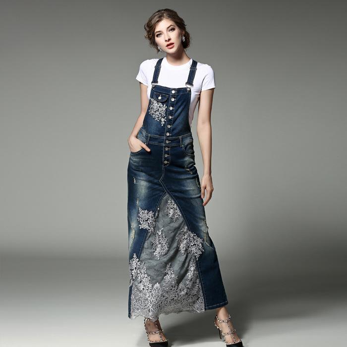Embroidered Lace Denim Overall Dress