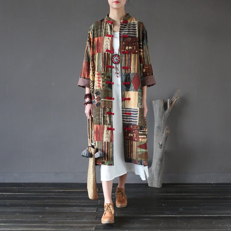 cambioprcaribe Red / One Size Patchwork Prints Chinese Linen Trench Coat