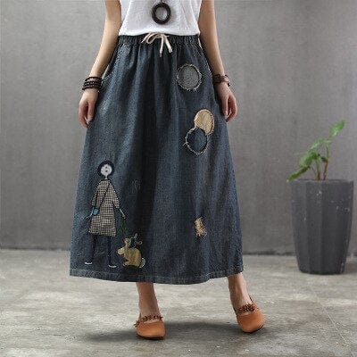 cambioprcaribe Skirts Dark Blue / L Embroidered Patchwork Kawaii Denim Skirt