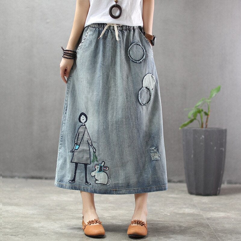 cambioprcaribe Skirts Embroidered Patchwork Kawaii Denim Skirt