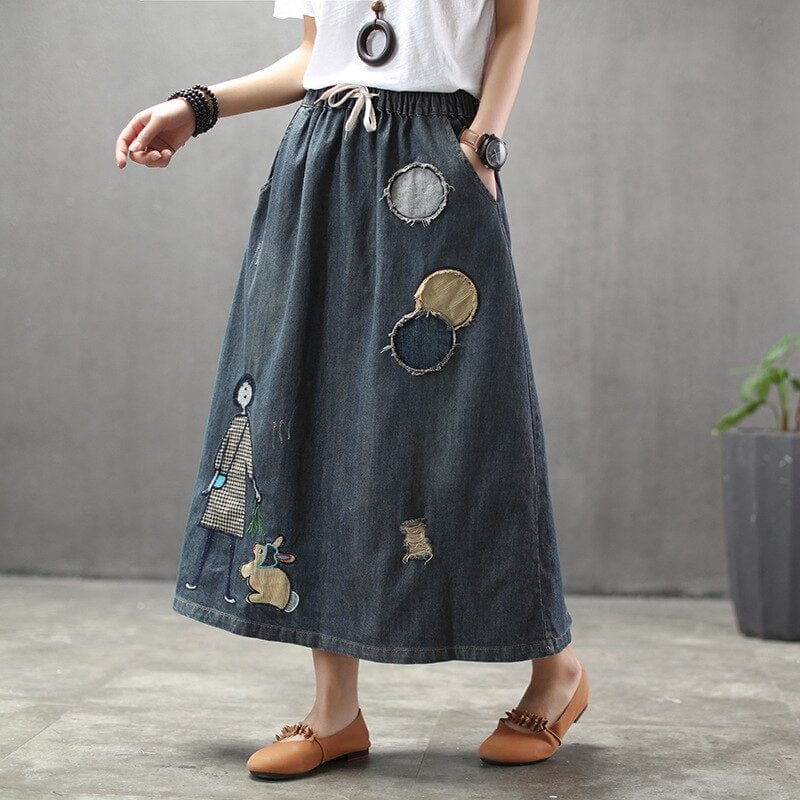 cambioprcaribe Skirts Embroidered Patchwork Kawaii Denim Skirt