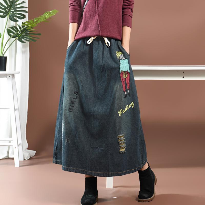 cambioprcaribe Skirts Streetstyle Cartoon Embroidered Denim Skirt