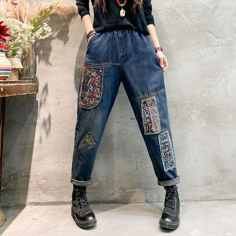 Patchwork Embroidered Loose Hipster Jeans