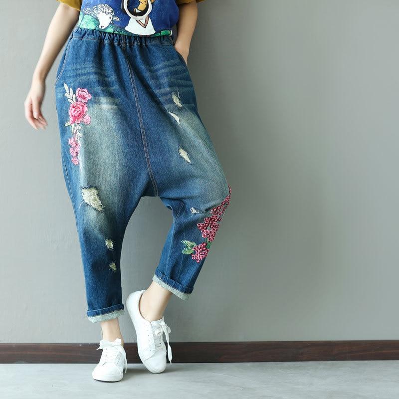 Floral Embroidered Distressed Harem Jeans