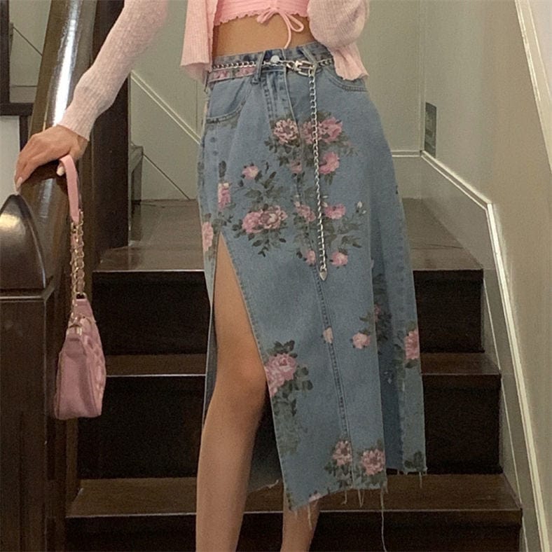 Alyssa Floral Split Denim Skirt