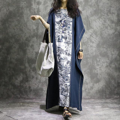 WHITE AND BLUE LONG ASIAN KAFTAN MAXI DRESS