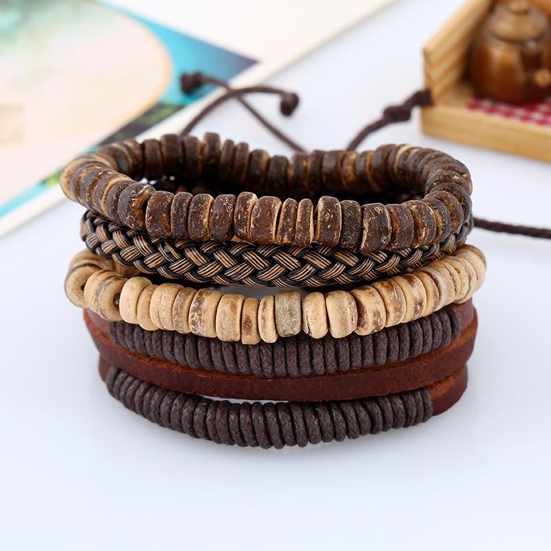 4 Pieces Wooden Leather Bracelets