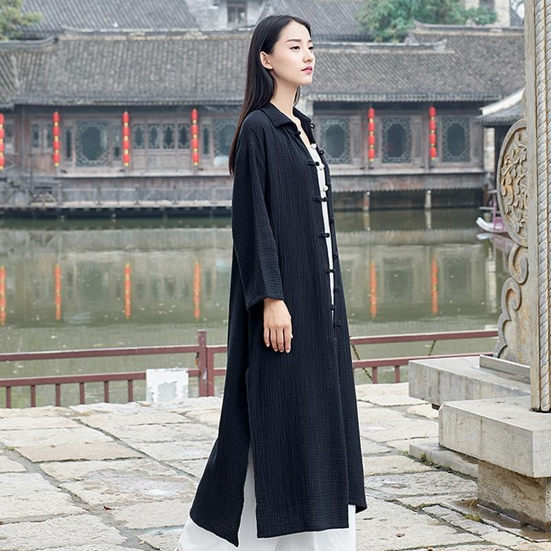 cambioprcaribe Black / One Size Chinese Style Cotton Linen Trench Coat  | Zen