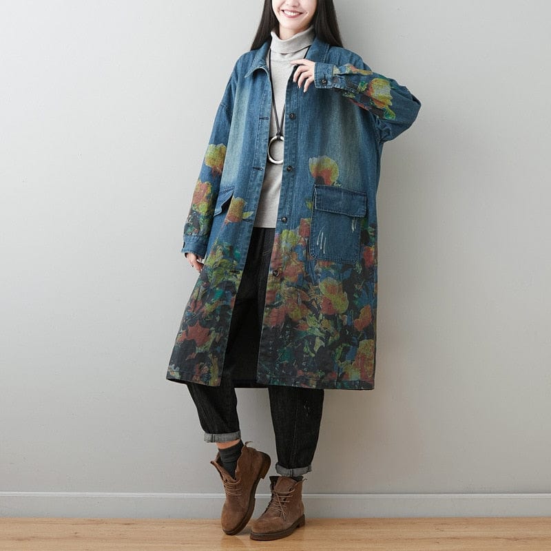 cambioprcaribe Blue / One Size / China Oversized Floral Denim Coat