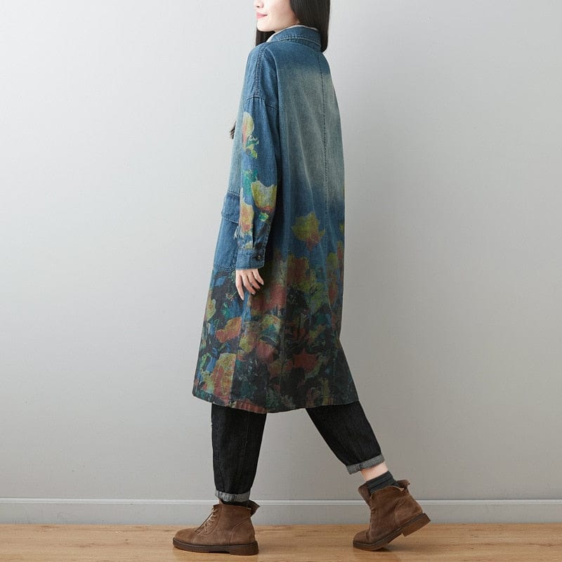 cambioprcaribe Blue / One Size / China Oversized Floral Denim Coat