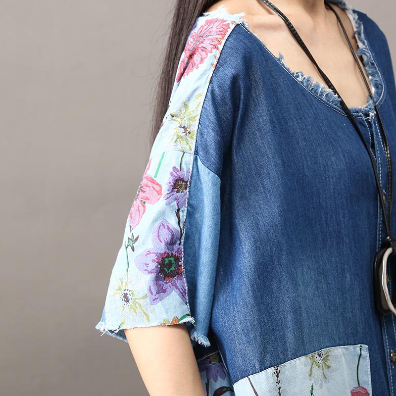 cambioprcaribe Cardigans One Size / Blue Floral Patchwork Long Denim Cardigan