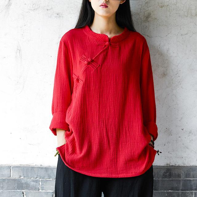 cambioprcaribe Deep Red / One Size 3/4 Sleeve Traditional Chinese Cotton and Linen Blouse  | Zen
