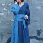 cambioprcaribe Dress blue / One Size Peace Blue Patchwork Ramie Dress | Zen