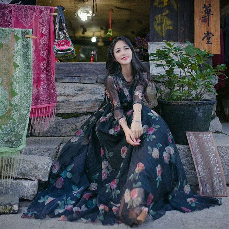 cambioprcaribe Dress Boho Chic Black Floral Chiffon Maxi Dress | Mandala