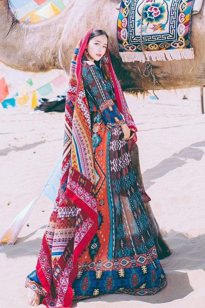 Boho Flare Sleeve Tribal Chiffon Dress | Mandala