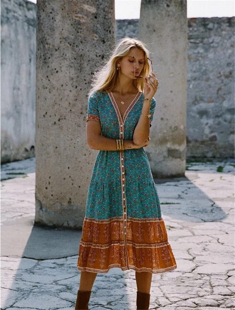 cambioprcaribe Dress GREEN / S Boho Hippie Floral Printed Midi Dress