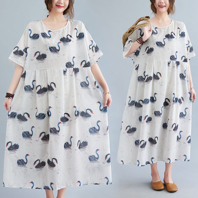 cambioprcaribe Dress Loose Swans Print Midi Dress