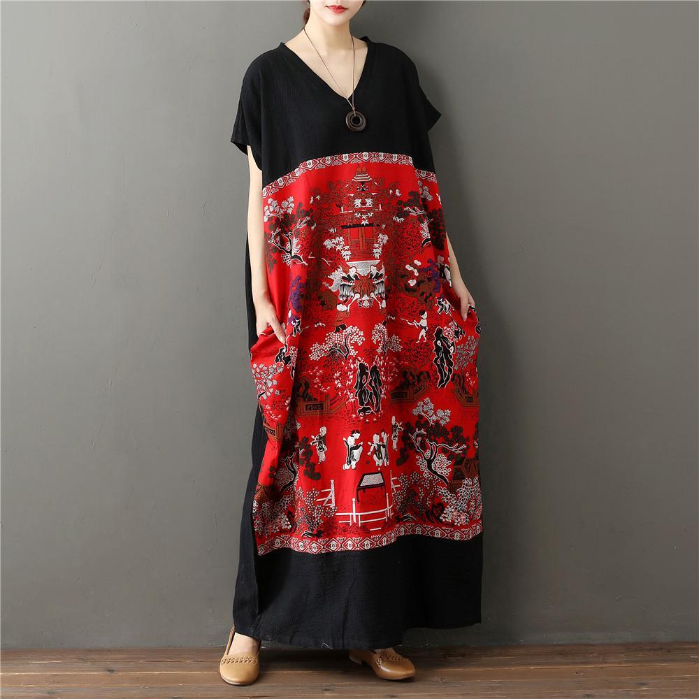 cambioprcaribe Dress One Size / Black & Red Chinese Art Maxi Dress