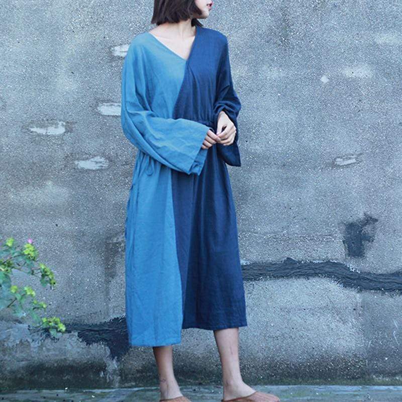 Peace Blue Patchwork Ramie Dress | Zen