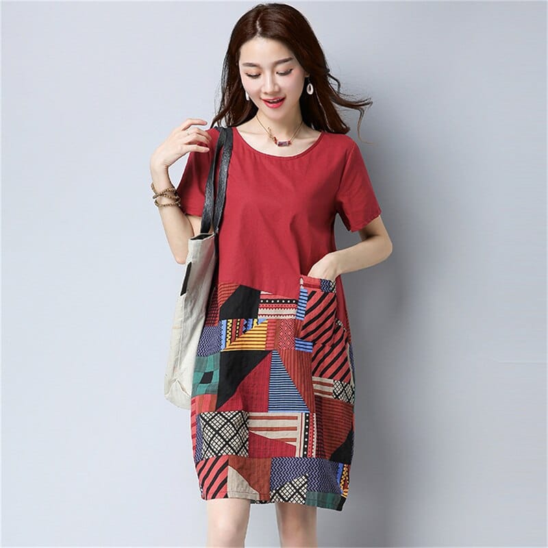 cambioprcaribe Dress Red / M Folk Print Short Sleeves Shirt Dress