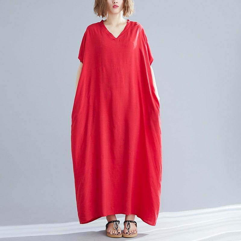 cambioprcaribe Dress Red / One Size V-Neck Batwing Sleeve Solid Robe