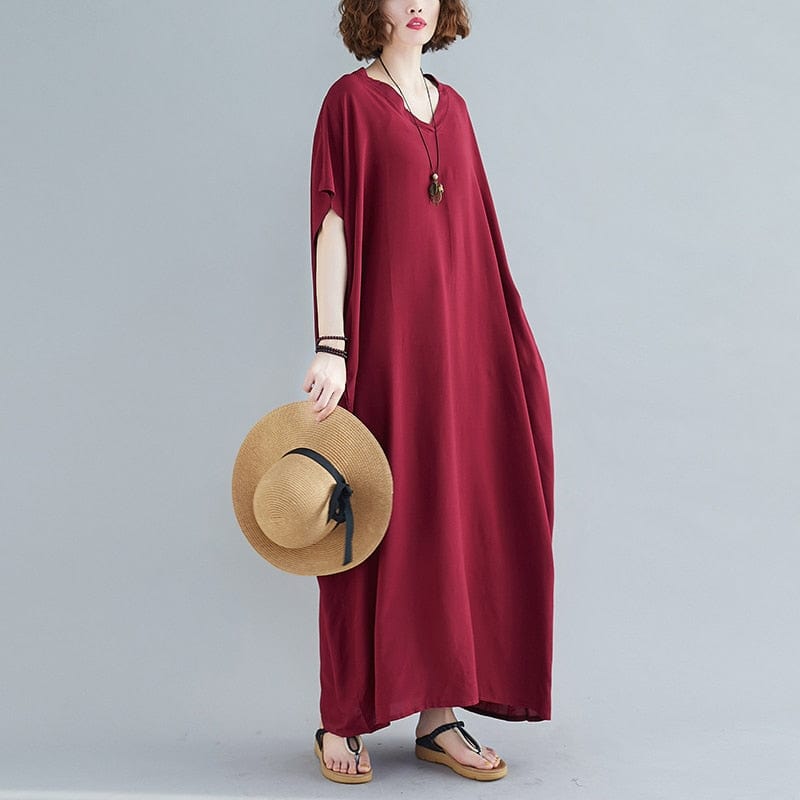 cambioprcaribe Dress Wine Red / One Size V-Neck Batwing Sleeve Solid Robe