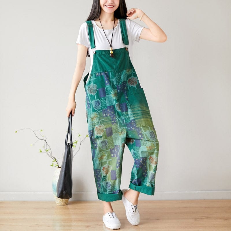 cambioprcaribe Green / One Size Floral Exotic Loose Denim Overall