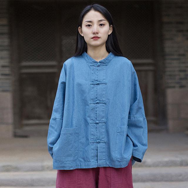 cambioprcaribe Jackets Light Blue / One Size Batwing Sleeve Chinese Denim Jacket  | Zen