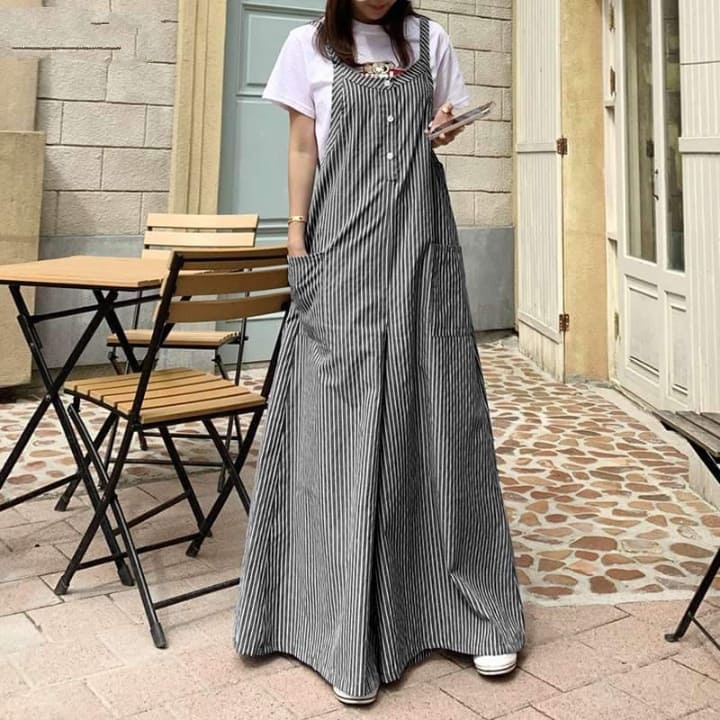 Loose Vertical Striped Palazzo Overalls