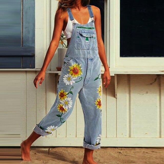 cambioprcaribe Light Blue / M Hippie Peace Floral Denim Overall