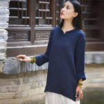 cambioprcaribe Navy Blue / One Size 3/4 Sleeve Traditional Chinese Cotton and Linen Blouse  | Zen