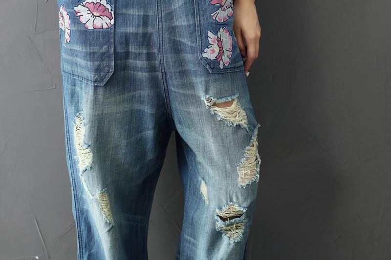cambioprcaribe One Size / Blue Floral Prints Loose Plus Size Floral Denim Overall