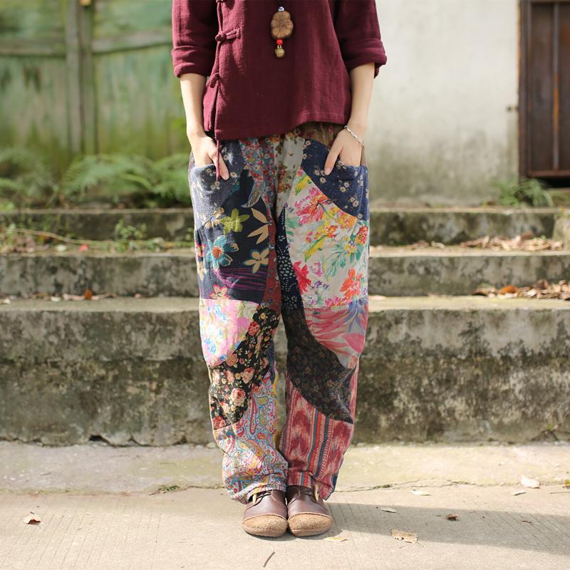Floral Patchwork Linen Hippie Pants