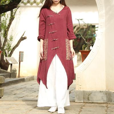 cambioprcaribe red / One Size Chinese Style Draped Linen Shirt  | Zen