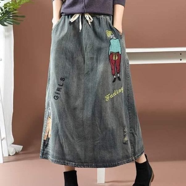 cambioprcaribe Skirts blue 2 / One Size Streetstyle Cartoon Embroidered Denim Skirt