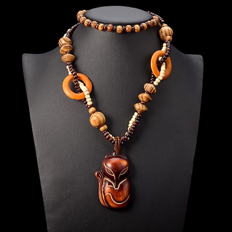 Tribal Fox Wooden Pendant Necklace