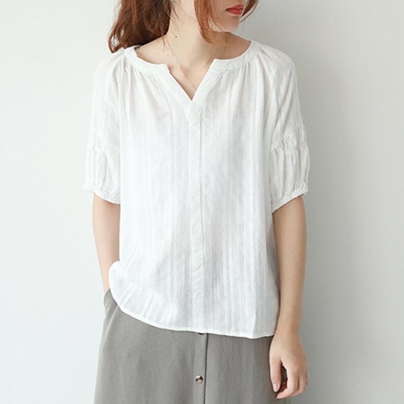 cambioprcaribe White / One Size Cotton and Linen V Neck T-Shirt Blouse