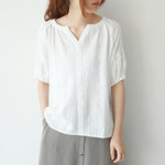 cambioprcaribe White / One Size Cotton and Linen V Neck T-Shirt Blouse