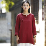 cambioprcaribe Wine Red / One Size 3/4 Sleeve Traditional Chinese Cotton and Linen Blouse  | Zen