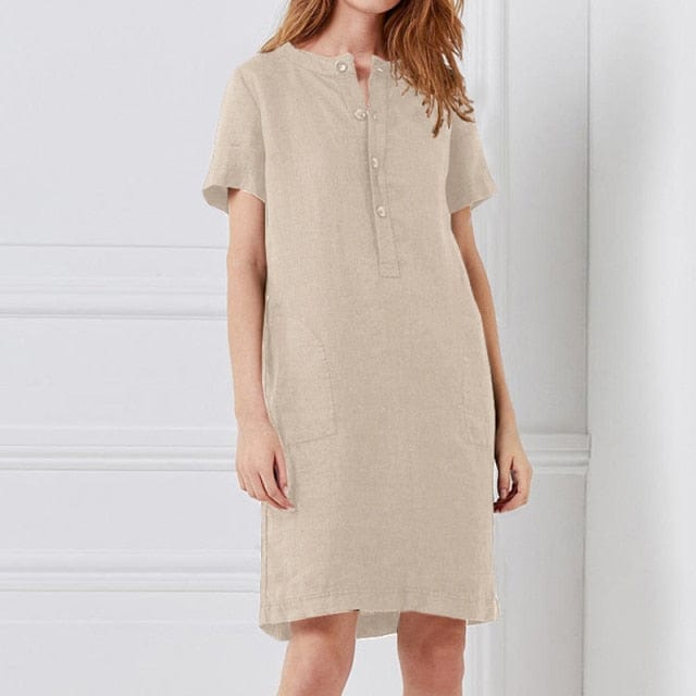 cambioprcaribe Beige / S Pure Modesty Short Sleeve Button Dress