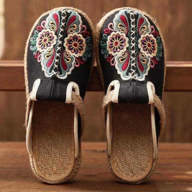 cambioprcaribe Black / 8.5 Asian Embroidery Hemp & Cotton Loafers
