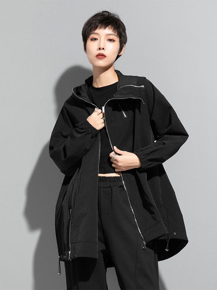 cambioprcaribe Black / One Size Windbreaker Loose Hooded Coat