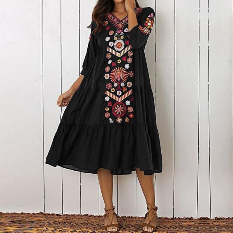 cambioprcaribe Black / S Bohemian Floral Midi Dress