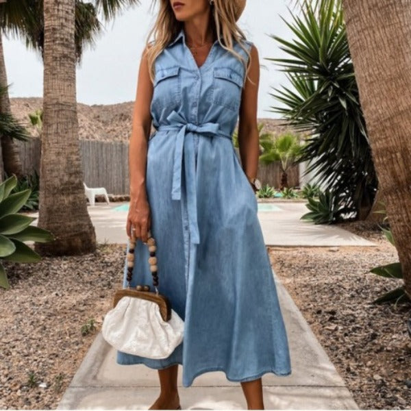 cambioprcaribe Blue / S Sleeveless Single Breasted Jeans Dress